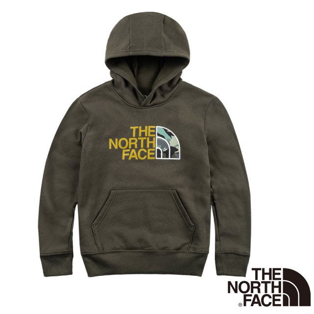 【美國 The North Face】童 迷彩品牌Logo印花連帽大學T/機能性運動衫/休閒旅行/7WPP-21L 軍綠色