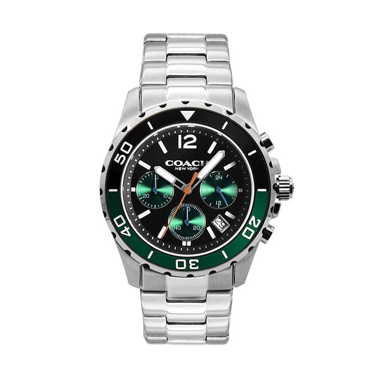 COACH | KENT系列 黑+綠面 銀色框 不鏽鋼錶帶 三眼計時腕錶 手錶 男錶(14602557)