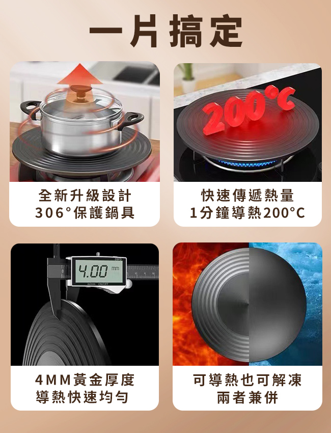 一片搞定200全新升級設計306保護鍋具4.004MM黃金厚度導熱快速快速傳遞熱量1分鐘導熱20可導熱也可解凍兩者兼併