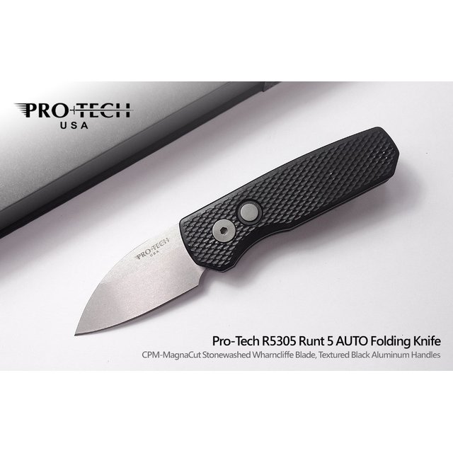 PROTECH Runt 5 黑格紋鋁柄Wharncliffe刃小彈簧刀(CPM-Magnacut)-PROTECH R5305