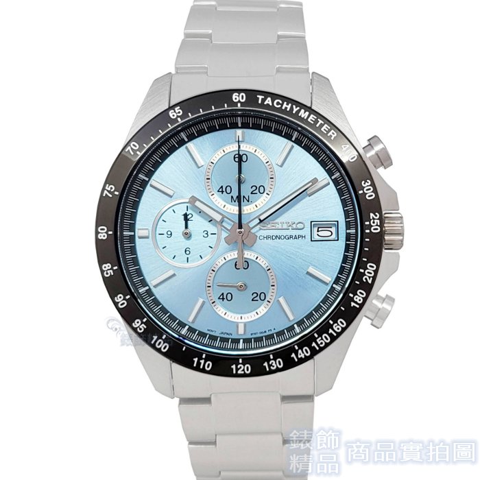SEIKO精工 SBTR029手錶 日本限定款 黑框 淺藍面 三眼計時 日期 鋼帶 男錶【錶飾精品】