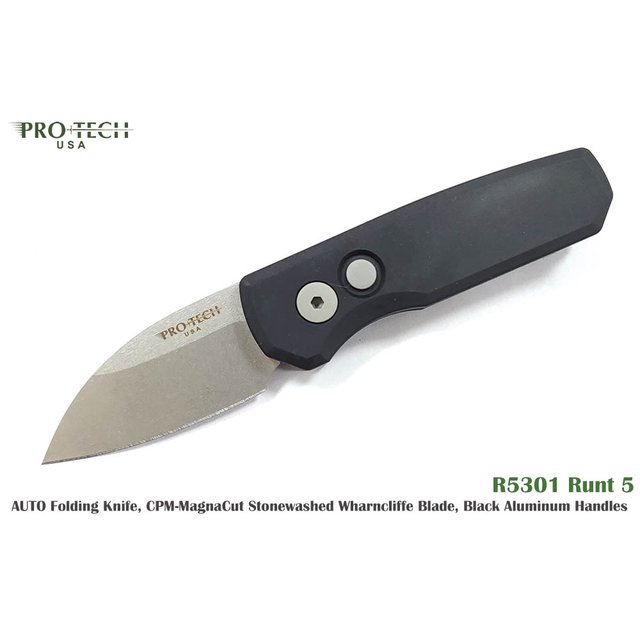 PROTECH Runt 5 1.94〞黑鋁柄石洗羊蹄刃小彈簧刀 -PROTECH R5301