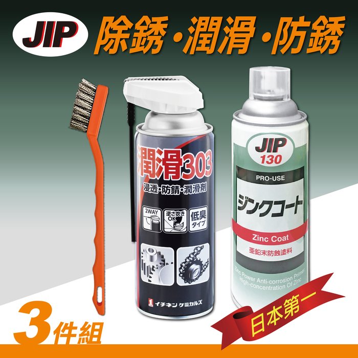 【除銹 潤滑 防銹3件組】潤滑303防銹潤滑浸透劑 JIP130超耐久防銹鍍鋅塗料 除鏽鋼刷