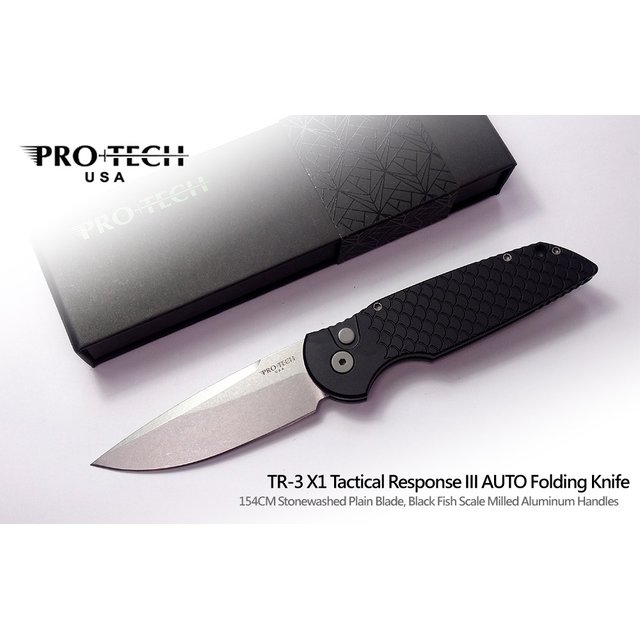 Protech Tactical Response 3黑鋁魚鱗紋柄自動側彈刀 (154-CM鋼石洗)-PROTECH TR-3 X1 SW