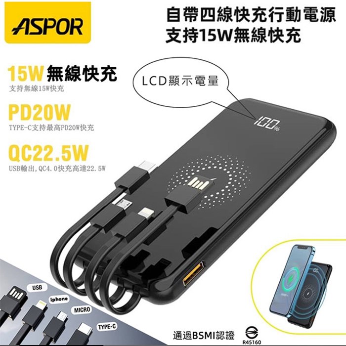 15W無線快充 ASPOR 數位顯示自帶線快充行動電源 QC/PD快充 USB Lightning Type-C Micro
