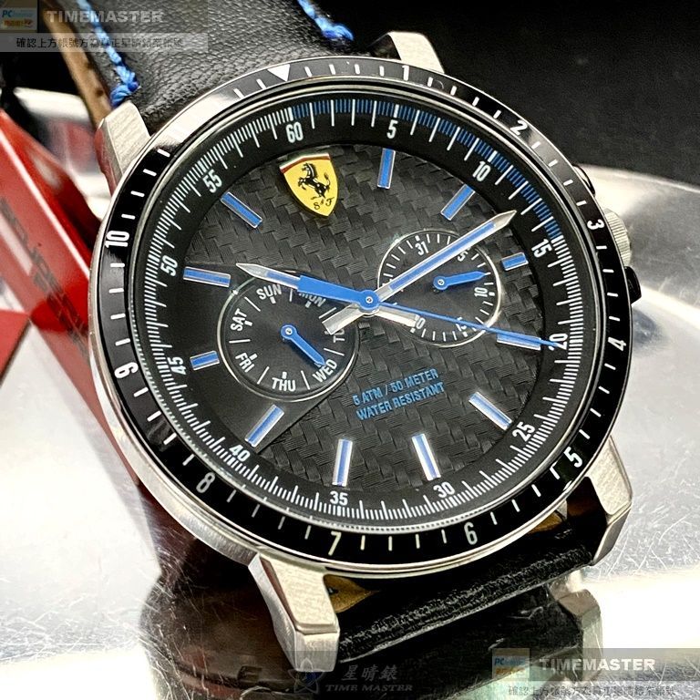 FERRARI手錶,編號FE00062,42mm銀黑色圓形精鋼錶殼,黑色中三針顯示, 雙眼, 運動錶面,深黑色真皮皮革錶帶款