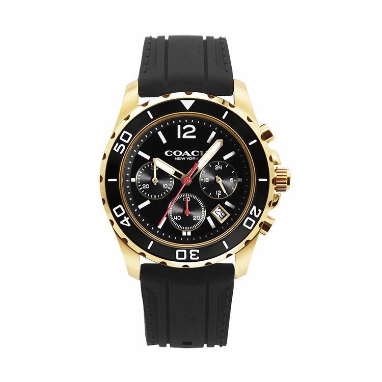 COACH | KENT系列 黑面 金色框 黑色矽膠錶帶 三眼計時腕錶 手錶 男錶(14602564)