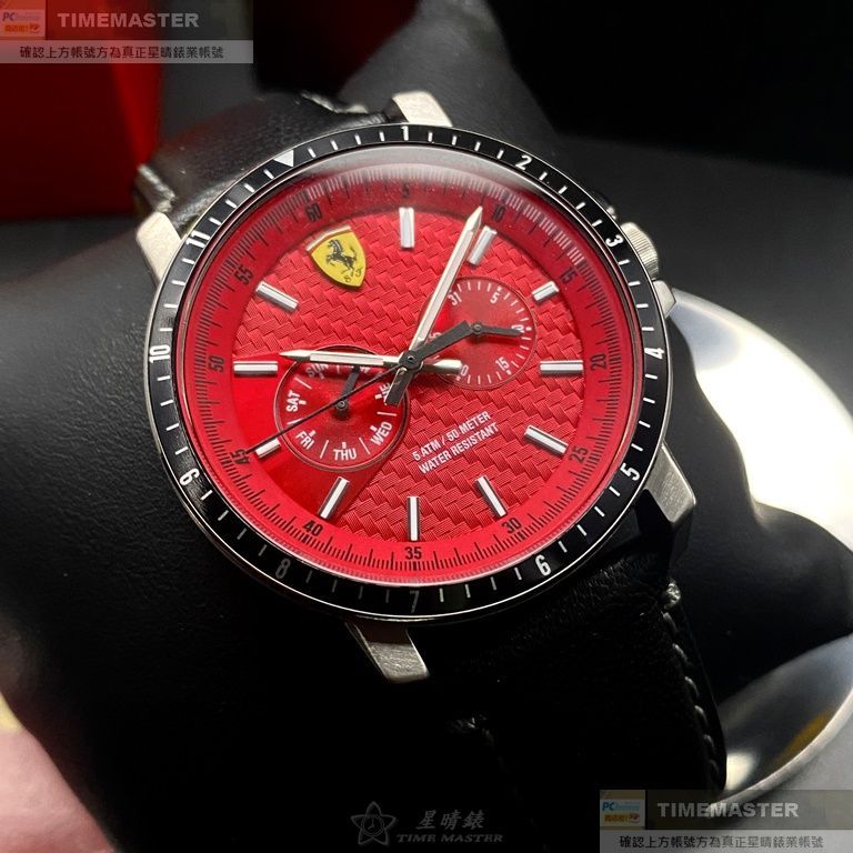 FERRARI手錶,編號FE00065,42mm黑銀色圓形精鋼錶殼,紅色中三針顯示, 雙眼, 運動錶面,深黑色真皮皮革錶帶款
