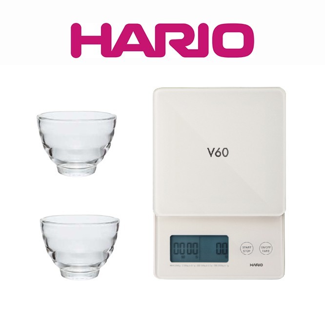 HARIO V60 琉璃白電子秤 贈耐熱湯吞小茶杯2支 VSTG-2000-W-TW