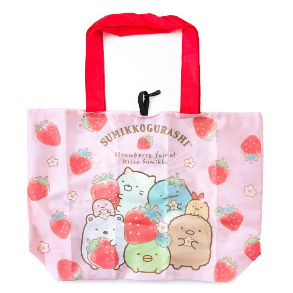 asdfkitty*日本san-x角落生物粉紅草莓可摺疊收納手提袋/購物袋/置物袋/收納袋-日本正版商品