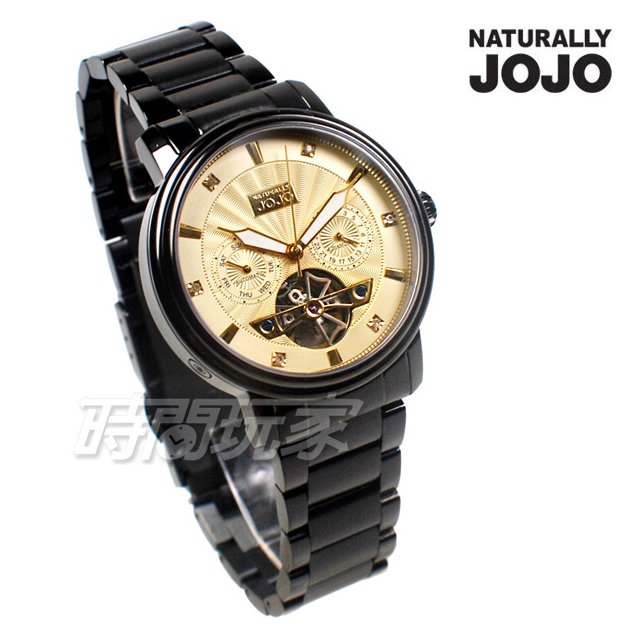 NATURALLY JOJO 新潮時尚 三眼錶 陶瓷腕錶 機械錶 藍寶石水晶女錶 防水手錶 黑x金 JO96982-13K
