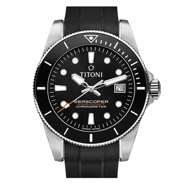 TITONI 瑞士梅花錶 seascoper 300 海洋探索83300 S-BK-R-702 潛水機械錶 /黑框黑面 42mm