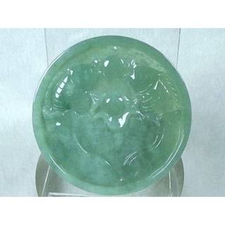 [Disk水晶][雙鯉獻珠]老坑冰種滿綠帶藍水-翡翠鐲心雙鯉雕墜CE-03