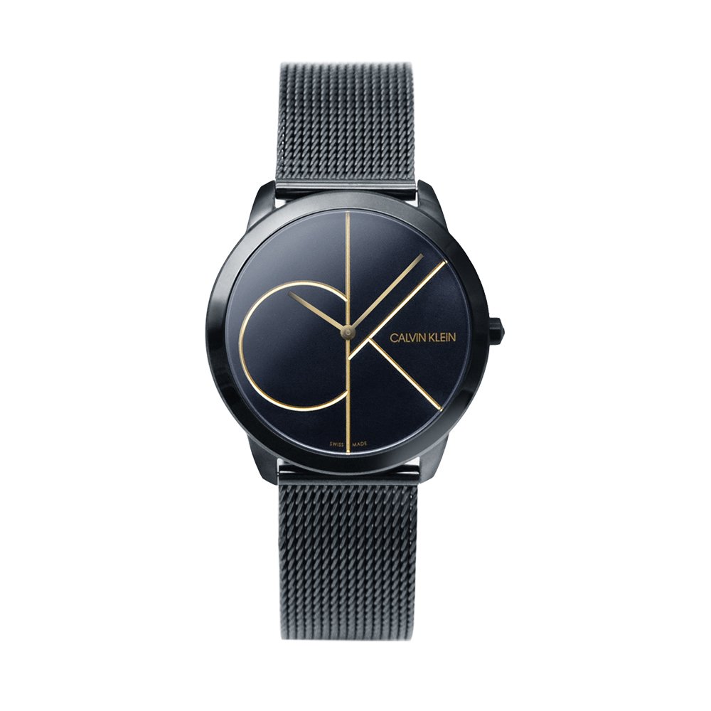 【Calvin Klein 凱文克萊】minimal系列 大CK 黑色框金色指針 米蘭帶錶帶 手錶 腕錶 CK錶 35mm(K3M224X1)