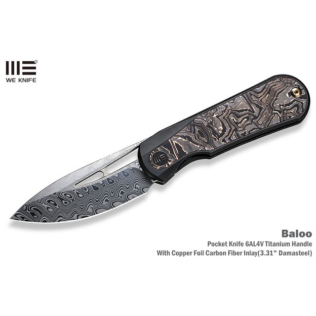 We Knife Baloo 黑鈦/銅絲碳纖柄大馬士革折刀-WEKNIFE WE21033-DS1