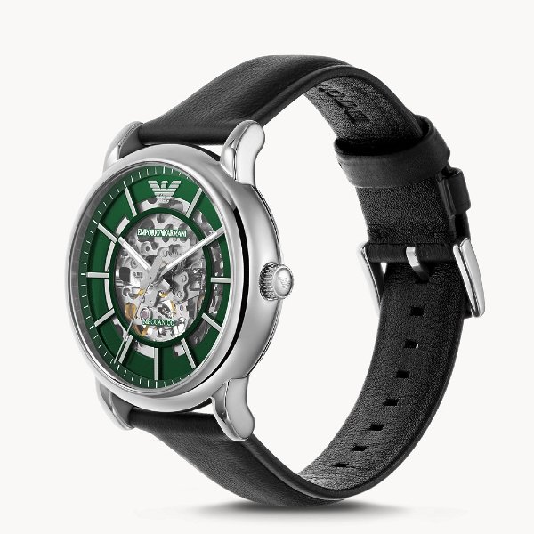 emporio armani 亞曼尼 meccanico 都會綠面鏤空機械手錶 黑色真皮錶帶 43 mm ar 60068