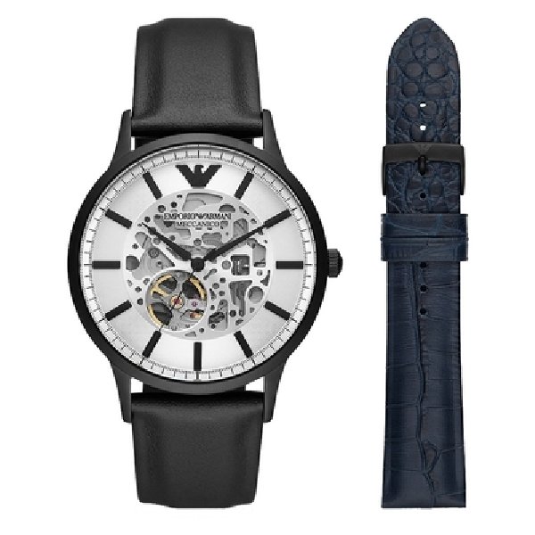 emporio armani 亞曼尼 meccanico 潮流風尚鏤空機械手錶套組 黑色 x 深藍色皮革錶帶 43 mm ar 80060