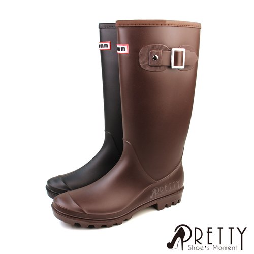 【Pretty】質感霧面金屬釦帶防水粗跟長筒雨靴/雨鞋S-21795