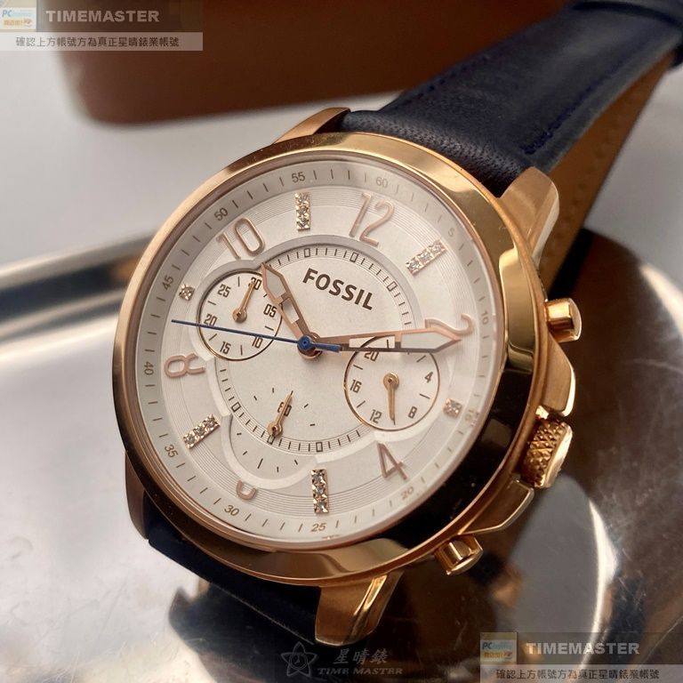 FOSSIL手錶,編號ES4040,38mm玫瑰金圓形精鋼錶殼,白色三眼, 中三針顯示錶面,寶藍真皮皮革錶帶款
