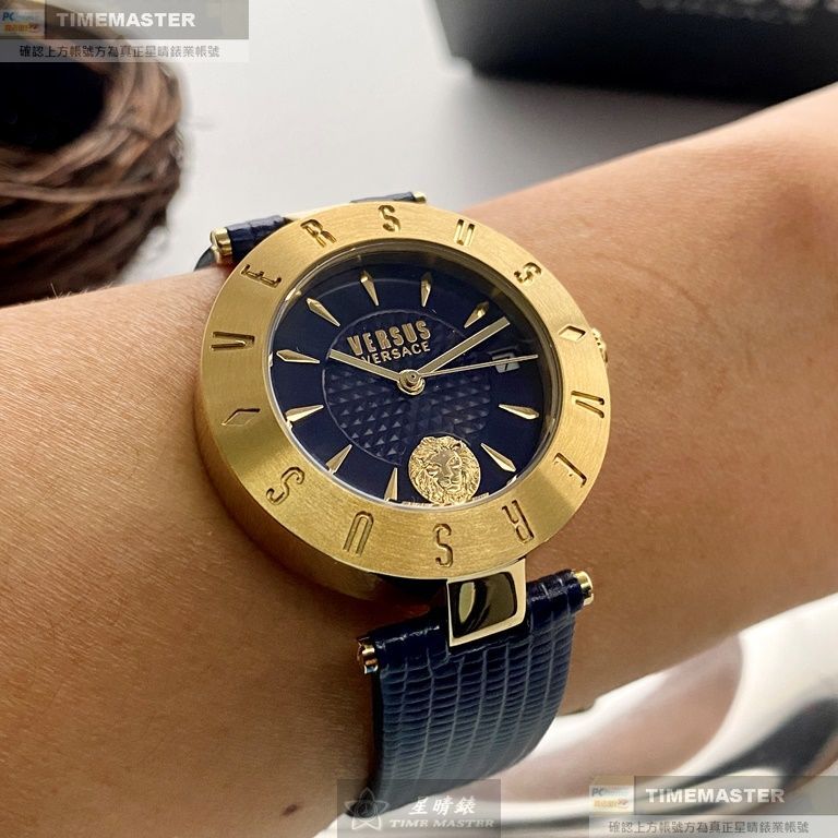 VERSUS VERSACE手錶,編號VV00335,34mm金色錶殼,寶藍錶帶款