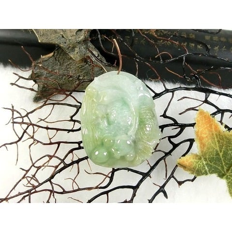[Disk水晶][連年有餘]老坑冰種翡翠飄陽綠雙鯉戲珠如意靈芝雕墜KH-18(31x25x6.5mm7克)