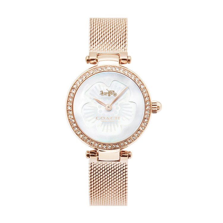 COACH | 玫瑰金框晶鑽 白色花朵錶盤 局部貝殼面 玫瑰金米蘭錶帶 女性腕錶 手錶 25mm(14503511)