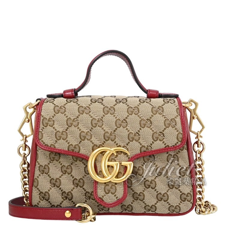 【全新現貨 優惠中】茱麗葉精品 GUCCI 583571 GG Marmont 緹花帆布手提兩用鍊包.駝/紅現金價$43,800