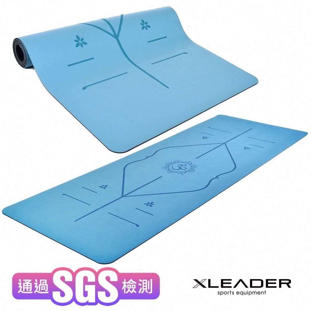 【Leader X】天然橡膠PU雙面防滑輔助正位線瑜珈墊 藍色