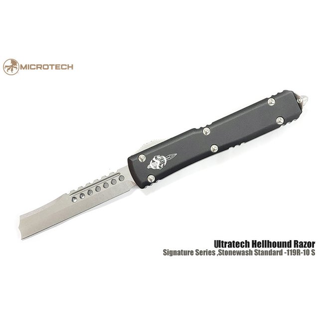 Microtech Ultratech Hellhound Razor Signature Series 地獄犬黑鋁柄剃刀刃彈簧刀-MT 119R-10S