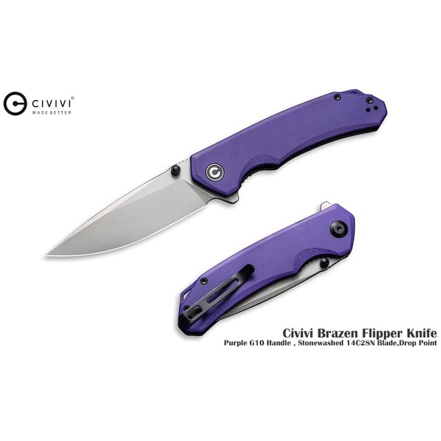 We Knife/Civivi Brazen Flipper 紫色G10柄石洗刃折刀 - 14C28N鋼-WEKNIFE C2102A