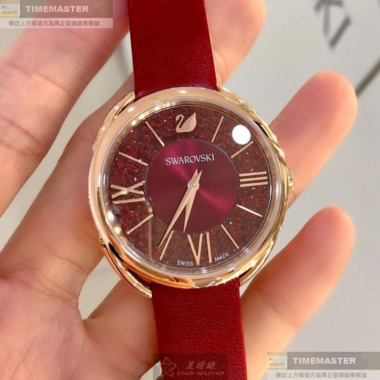 SWAROVSKI手錶,編號SW00014,36mm玫瑰金圓形精鋼錶殼,大紅中二針顯示, 滿天星錶面,大紅真皮皮革錶帶款