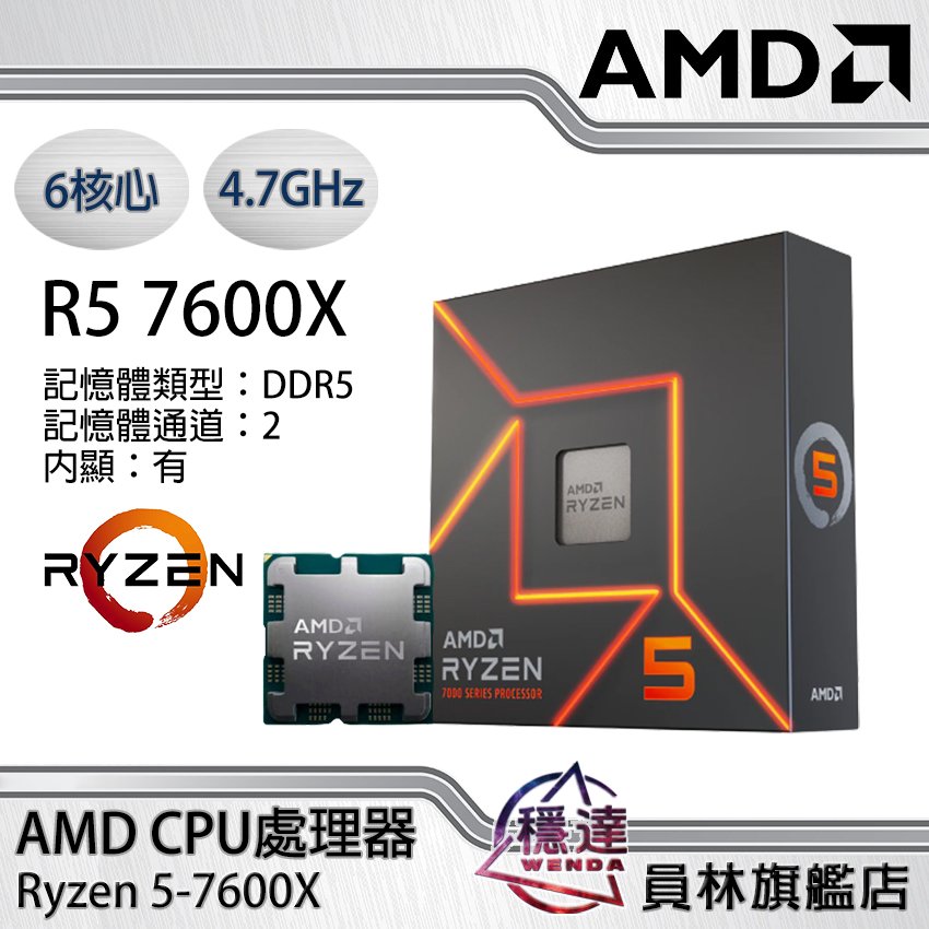 AMD】Ryzen 5-7600X/6核心/12緒/4.7GHz/內顯/CPU中央處理器升級玩遊戲