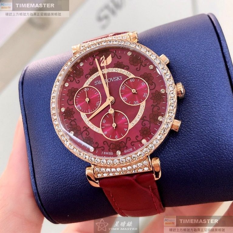 SWAROVSKI手錶,編號SW00018,36mm玫瑰金錶殼,大紅色錶帶款