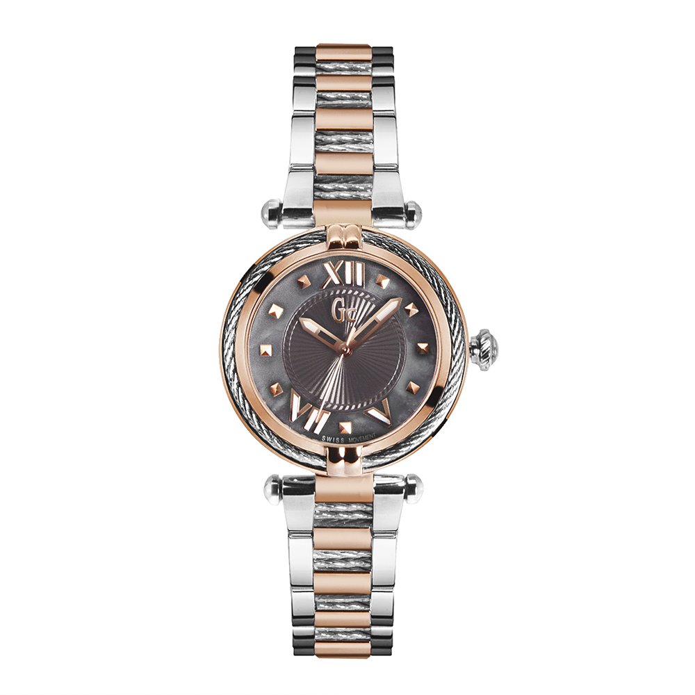 【Guess Gc】CABLECHIC系列 玫瑰金+銀框 灰色貝殼面 不鏽鋼錶帶 腕錶 手錶 女錶(Y18015L5)