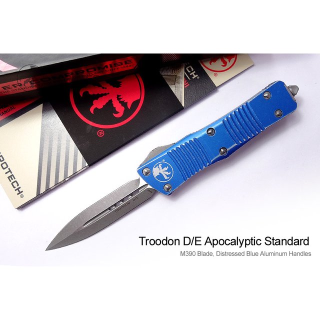Microtech TROODON D/E 舊化處理藍鋁柄平刃彈簧刀 -MT 138-10DBL