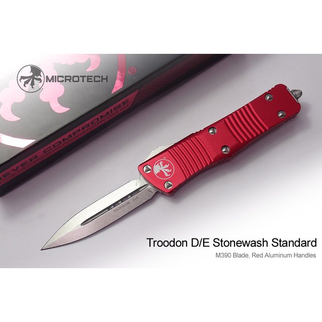 Microtech TROODON D/E 紅鋁柄石洗平刃彈簧刀 -MT 138-10RD