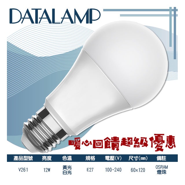 台灣現貨實體店面【阿倫燈具】(PV261)LED-12W廣角燈泡 E27規格 採用OSRAM LED 全電壓 保固一年 符合CNS認證