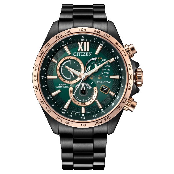 citizen 星辰錶 cb 5956 89 x gent''''s 時尚男錶 時尚型男光動能電波對時三眼腕錶 綠面 45 mm