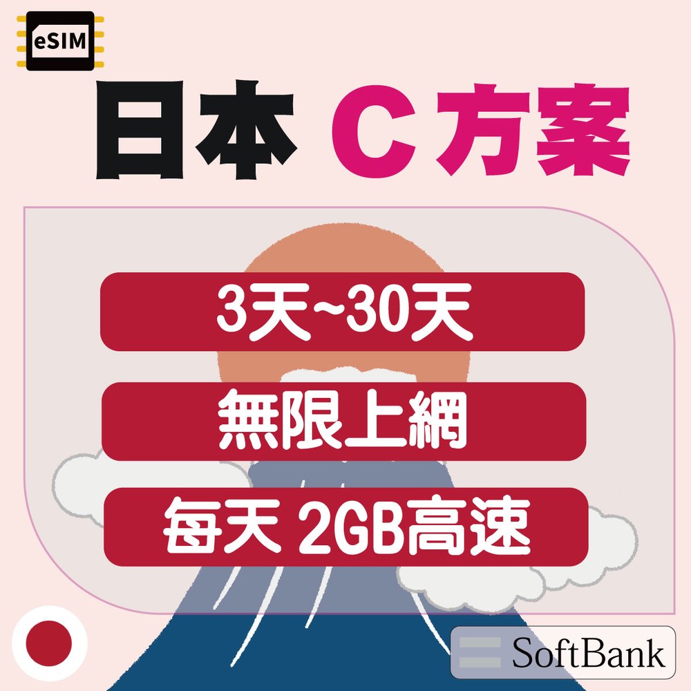 日本【SOFTBANK】eSIM 方案C 無限上網 每天2GB高速 3天~30天 任您選擇