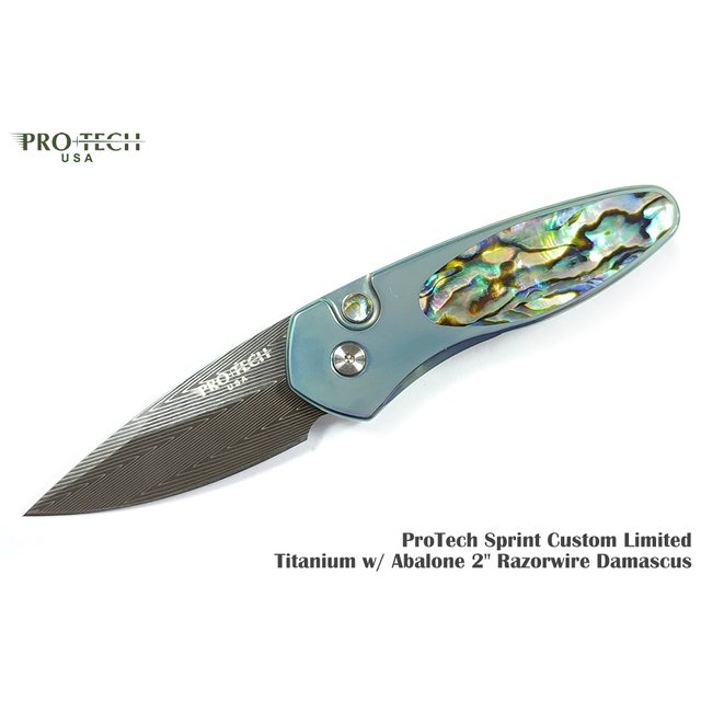 PROTECH Sprint Custom 綠鈦柄鑲鮑魚貝 刺網大馬士革鋼 Mini 彈簧刀 【限量生產】-PROTECH CUSTOM SPRINT TI-GR