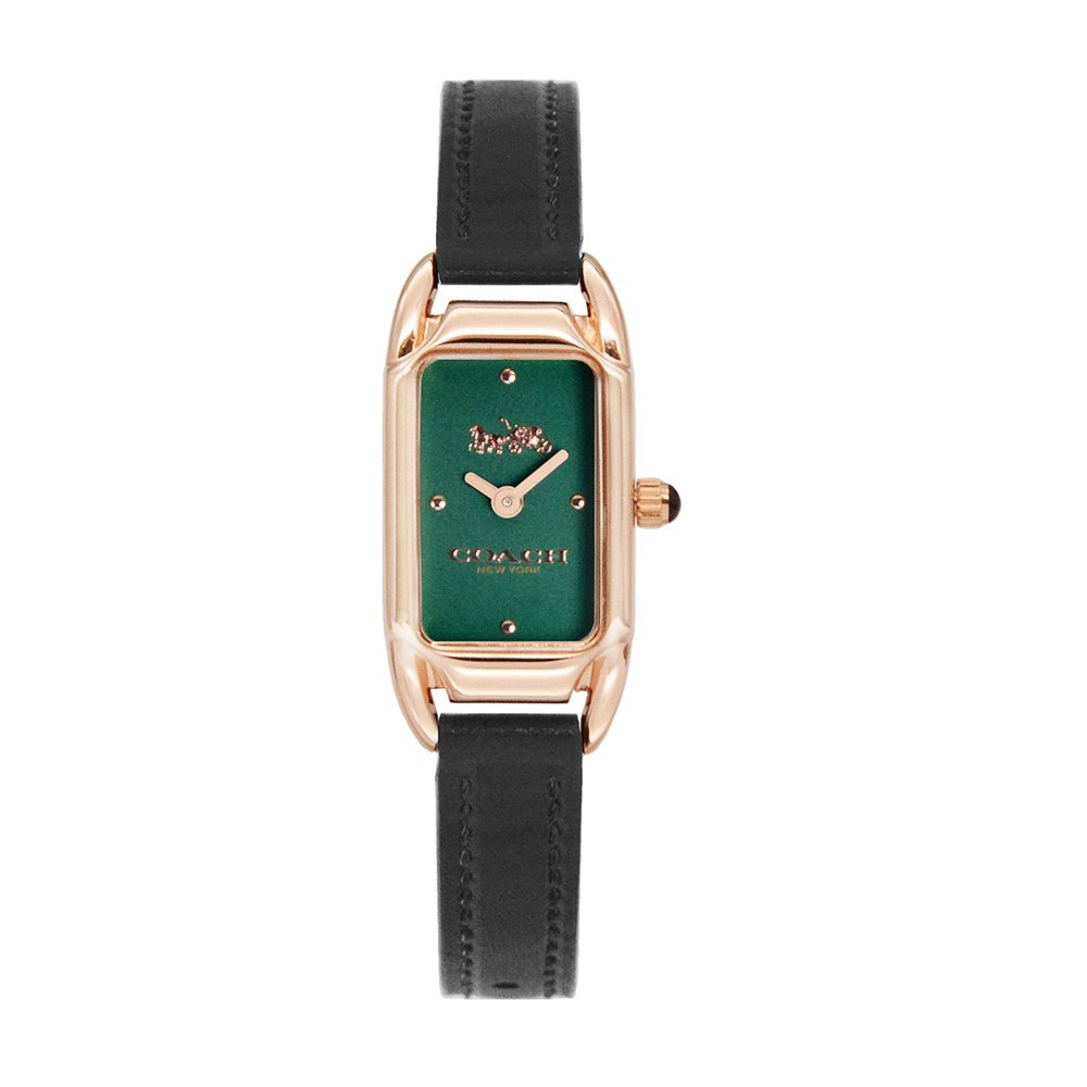 COACH | Cadie系列 玫瑰金框 綠面 方型腕錶 黑色皮革錶帶 女錶(14504068)