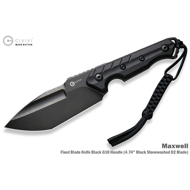 We Knife/Civivi Maxwell 黑G10柄黑刃直刀 (附K鞘) -D2鋼(黑色石洗)-WEKNIFE C21040-1