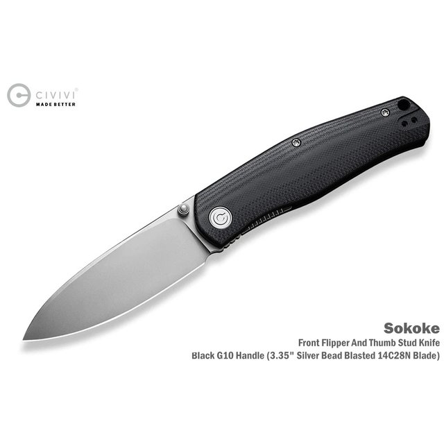 We Knife/Civivi Sokoke 黑色G10柄銀刃折刀 - 14C28N鋼 (噴砂處理)-WEKNIFE C22007-1