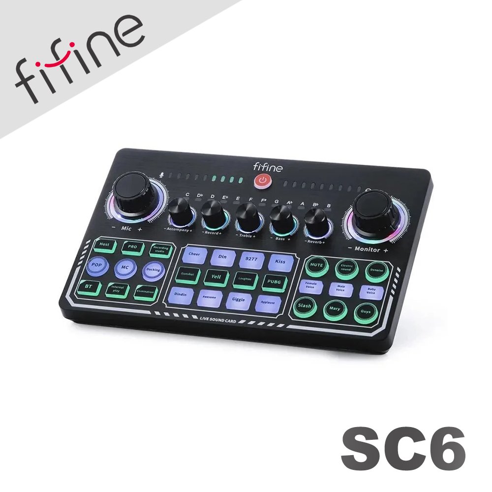 HowHear代理【FIFINE SC6 藍牙音訊混音器USB直播聲卡(黑色)】12個電子音階/變聲特效/暖場音效/獨立音量調節/雙平台同步使用
