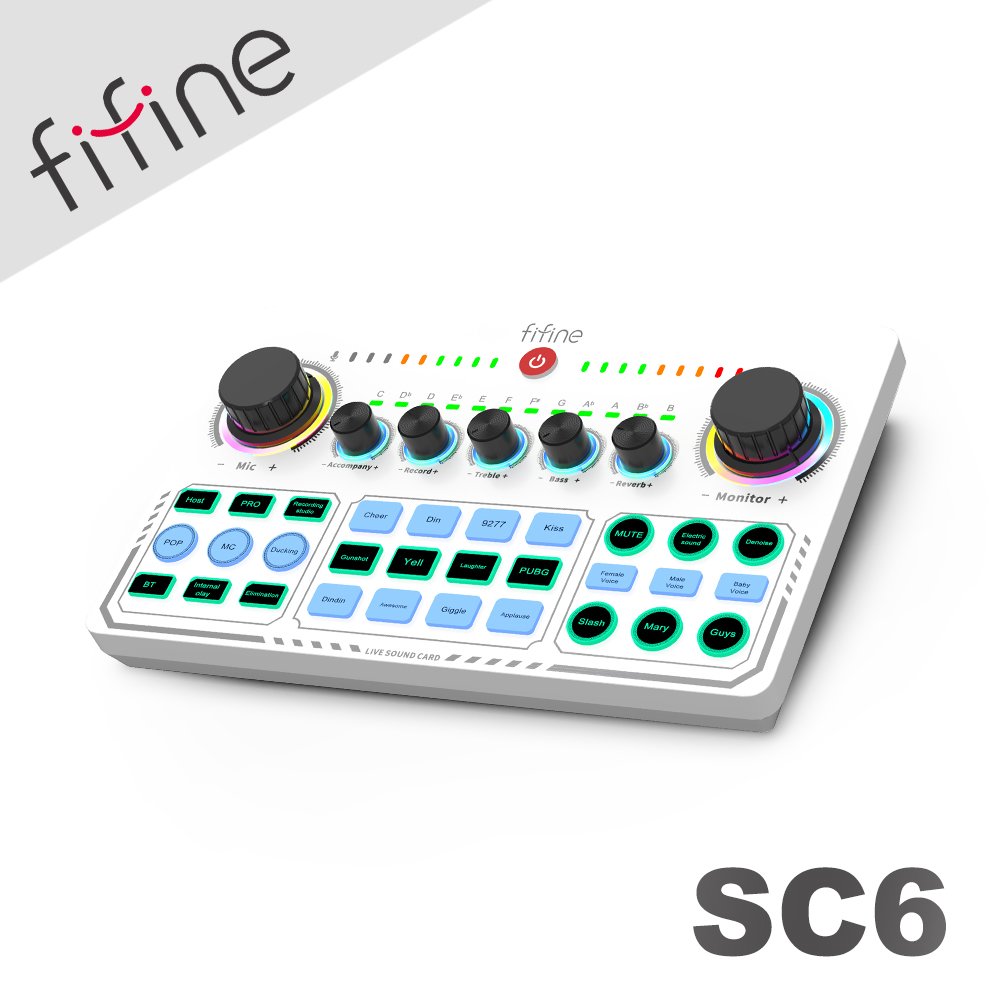 HowHear代理【FIFINE SC6 藍牙音訊混音器USB直播聲卡(白色)】12個電子音階/變聲特效/暖場音效/獨立音量調節/雙平台同步使用