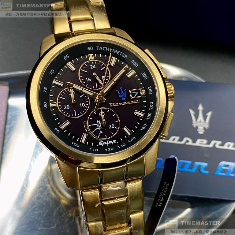 MASERATI手錶,編號R8873645002,44mm金色圓形精鋼錶殼,黑色三眼, 中三針顯示, 運動錶面,金色精鋼錶帶款