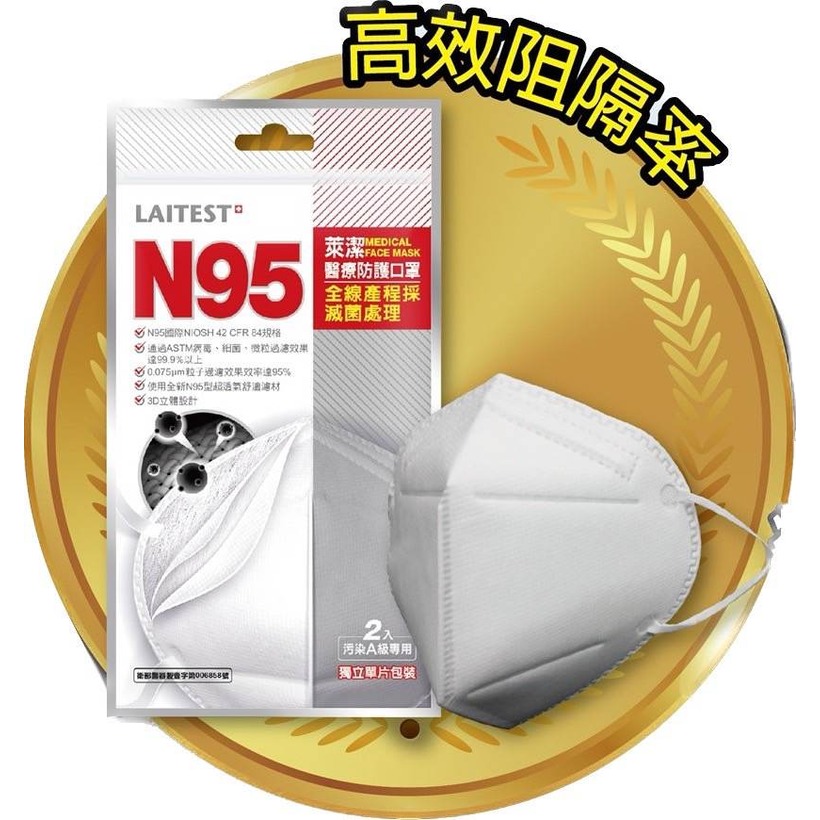 N95 LAITEST 萊潔N95醫療防護口罩 白色 2片裝/包