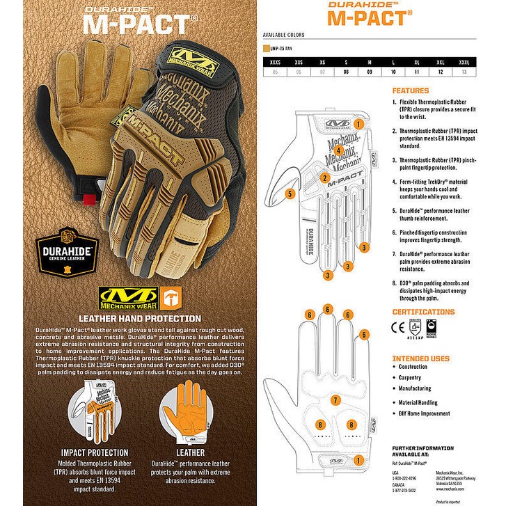 Mechanix Wear LMP-75-010 Mechanics Gloves, Brown, 10, PR