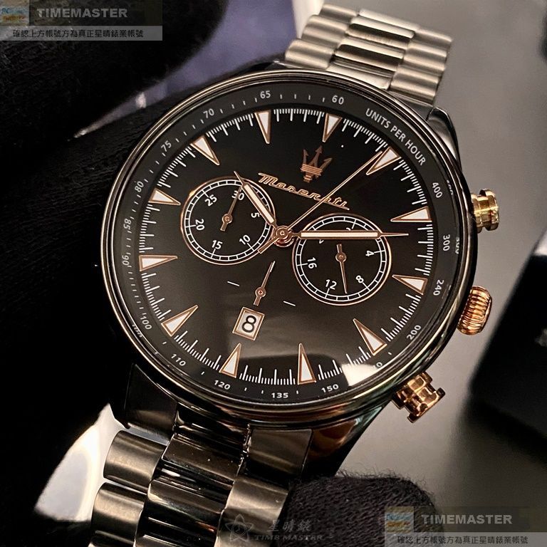 MASERATI手錶,編號R8873646001,46mm黑圓形精鋼錶殼,黑色三眼, 中三針顯示, 運動錶面,深黑色精鋼錶帶款