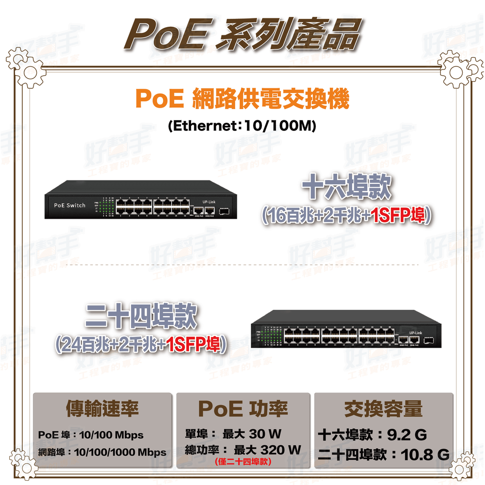 百兆款_24埠 PoE Switch 供電交換式集線器 乙太網路交換器 Switch 網路供電交換器
